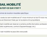 Icône de clés et texte expliquant le bail mobilité : contrat de location meublée spécifique, durée 1-10 mois, pour étudiants ou professionnels en mobilité, non renouvelable.