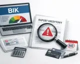 Raport kredytowy z BIK, lupa z wykrzyknikiem, kalkulator i karty płatnicze. Jak usunąć dane z długi info?