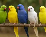 Cinque parrocchetti dal collare dai colori vivaci: verde, giallo, blu, bianco e giallo, siedono su un ramo.