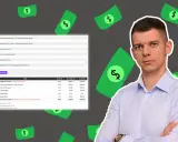 Mężczyzna w garniturze na tle tabeli z kosztami pracy i latających banknotów. Obliczenia pokazują efektywną roboczogodzinę.