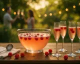 Un grand bol de soupe de champagne rose avec des framboises flotte sur une table en bois. Quatre flûtes à champagne remplies de la même boisson pétillante sont alignées.