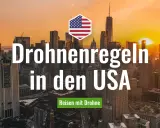 Drohnenregeln in den USA: Ein Hexagon mit US-Flagge über einer Skyline bei Sonnenuntergang. Reisen mit Drohne.