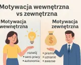 Ilustracja porównuje motywację wewnętrzną (rozwój, sens pracy, autonomia) z zewnętrzną (premie, uznanie, awanse), pokazując różne sposoby motywowania pracowników.