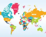 Kolorowa mapa świata z nazwami krajów, w tym kontynenty po angielsku: Kanada, USA, Grenlandia, Rosja, Chiny, Indie, Brazylia, Australia.
