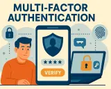 Illustration sur la sécurité numérique : un homme, un smartphone affichant un code et un ordinateur portable avec un cadenas symbolisent l'authentification multi-facteurs.