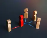 Figuras de madera conectadas por líneas de luz. Una figura roja central actúa como nodo, conectando a otras figuras, representando el papel de intermediarios financieros.