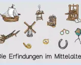 Eine Sammlung von mittelalterlichen Erfindungen: Schiff, Windmühle, Webstuhl, Buchdruckpresse, Kompass, Hufeisen, Globus, Brille und Schubkarre.