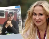 Anja Lundqvist med sin partner framför en röd byggnad.