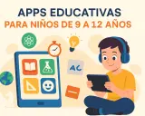 Un niño con auriculares usa una tablet rodeado de iconos que representan aplicaciones educativas para niños.