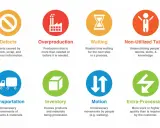 Los 8 desperdicios que explica **que es lean construction**: defectos, sobreproducción, espera, talento no utilizado, transporte, inventario, movimiento y sobreprocesamiento.