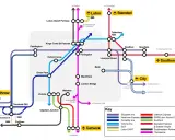 Mapa przedstawia połączenia kolejowe z lotniskami w Londynie: Heathrow, Gatwick, Stansted, Luton i City.