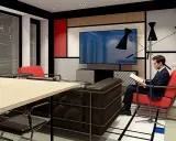Man i kostym läser i en röd stol i ett rum med bauhaus inredningsstil. Mörkt lädersoffa och träbord.