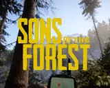 Włącz konsolę w The Forest, by odkryć tajemnice dzikiej przyrody. Widok na las i góry z logo gry.