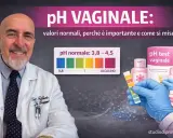 Medico sorridente in camice bianco, con grafico pH vaginale e kit test. Immagine a tema medicina.