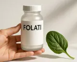 Flacone di folati, integratore utile per chi ha la mutazione MTHFR. Accanto, una foglia verde.