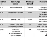 Tabelle zeigt Trainingszonen: Zone 2 (Fettstoffwechselzone, 60-70% Puls) für maximale Fettverbrennung und HKS-Stärkung.