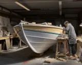 Un artiste travaille sur la peinture d'un bateau en aluminium dans son atelier.