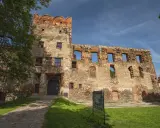 Zamek w Ząbkowicach Śląskich, ruiny z ceglaną wieżą i bramą, otoczone zielenią i błękitnym niebem.