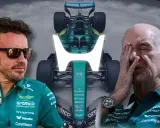 Fernando Alonso y un coche de Aston Martin, con la silueta de Adrian Newey en el fondo.