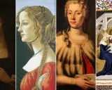 Quattro ritratti femminili: un volto enigmatico, una dama con trecce, una donna con riccioli e una figura che scrive, forse Cristina da Pizzano.