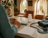 Äldre person sorterar mediciner vid ett bord. Blodtrycksmätare och en burk med kanel, som kan påverka blodtryck, ligger bredvid.