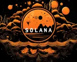Pomarańczowy krąg z napisem SOLANA na tle kosmicznego krajobrazu z górami i planetami. Symbolizuje potencjał solana blockchain.