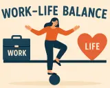 Ilustracja przedstawia kobietę balansującą na kuli, próbując utrzymać równowagę między teczką z napisem "WORK" a sercem z napisem "LIFE". Kluczowe jest osiągnięcie work-life balance.