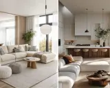 Interni luminosi di una casa beige e bianca con divani comodi, tavolini in legno e una cucina moderna con isola.