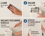 Guía para como pintar paredes con rodillo: lijar, diluir pintura, mojar y escurrir rodillo, y rematar de arriba abajo.