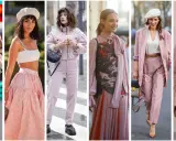 Sei donne sfoggiano un outfit marrone e rosa, con diverse interpretazioni di stile, da cappotti oversize a completi eleganti e gonne svolazzanti.