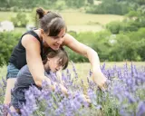 Une mère et sa fille cueillent de la lavande dans un champ. Au loin, une maison et des collines verdoyantes.