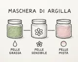 Maschera di argilla bianca: verde per pelle grassa, con fiore per pelle sensibile, rosa per pelle mista.