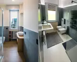 Bagno rettangolare con finestra in fondo, doccia in vetro, lavabo e bidet.
