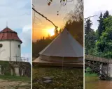 Romantyczne miejsca Dolny Śląsk: kaplica na wzgórzu, namiot glampingowy o zachodzie słońca, zabytkowy most nad rzeką.