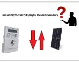 Jak odczytać licznik prądu dwukierunkowy? Obraz przedstawia licznik energii elektrycznej, panel fotowoltaiczny i symbolizujące przepływ strzałki.