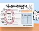 Kalendarz ząbkowania mleczaków. Ilustracja pokazuje harmonogram wyrzynania się zębów, z uśmiechniętymi ząbkami.