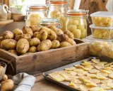 Des pommes de terre fraîches dans une caisse en bois, des bocaux et des contenants remplis de pommes de terre préparées. Voici comment conserver les pommes de terre pour en profiter plus tard.