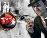 Sherlock Holmes gra. Detektyw z papierosem w dłoni analizuje dowody z miejsca zbrodni pod lupą.