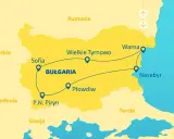 Mapa turystyczna Bułgarii z zaznaczoną trasą przez Sofię, Płowdiw, Wielkie Tyrnowo, Warnę i Nesebyr. Widoczne wybrzeże Bułgarii.
