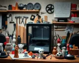 Un atelier rempli d'outils et d'objets imprimés en 3D, avec une imprimante au centre. Idéal pour savoir comment choisir une imprimante 3d.