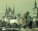 Zamek Frombork z katedrą i wieżą, otoczony drzewami. Malownicza panorama historycznej budowli.