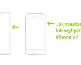 Ilustracja pokazuje dwa telefony iPhone i strzałki wskazujące przyciski boczne. Tekst obok pyta: "Jak zrestartować lub wyłączyć iPhone'a?".