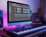 Studio d'enregistrement avec écran affichant un DAW, clavier MIDI et enceintes. Le meilleur DAW pour créer de la musique.