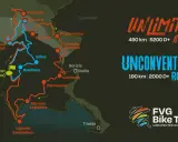 Mappa del FVG Bike Trail con due percorsi: Unlimited (490 km) e Unconventional (190 km).