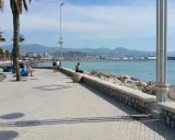 Ein Mann sitzt am Ufer der playa de la misericordia und blickt auf das Meer. Palmen säumen die Promenade, im Hintergrund die Stadt und Berge.