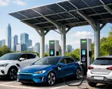 Stazione di ricarica per auto elettriche in Italia, con pannelli solari e auto moderne in carica.