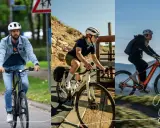 Drei Radfahrer auf unterschiedlichen Fahrrädern: ein Mann auf einem Pendler-Bike in der Stadt, eine Frau auf einem Rennrad auf einem Radweg und eine Frau auf einem E-Bike in bergiger Landschaft.