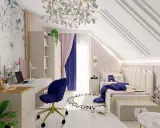 Uroczy pokój boho dla dziewczynki z motywem kwiatów i motyli na tapecie, biurkiem, łóżkiem i okrągłym dywanem z literami.