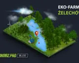 Eko-farma Żelechów: malownicze łowisko z domkiem, samochodem, wiatrakiem i łososiem w wodzie. Idealne miejsce na relaks.