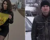 Kobieta z bukietem kwiatów i mężczyzna w czapce i kurtce. Mąż wziął kredyt bez zgody żony i zmarł, pozostawiając ją z długami.